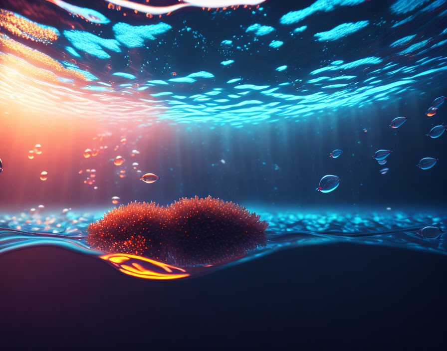 Sea urchin on ocean floor with sunlight and bubbles