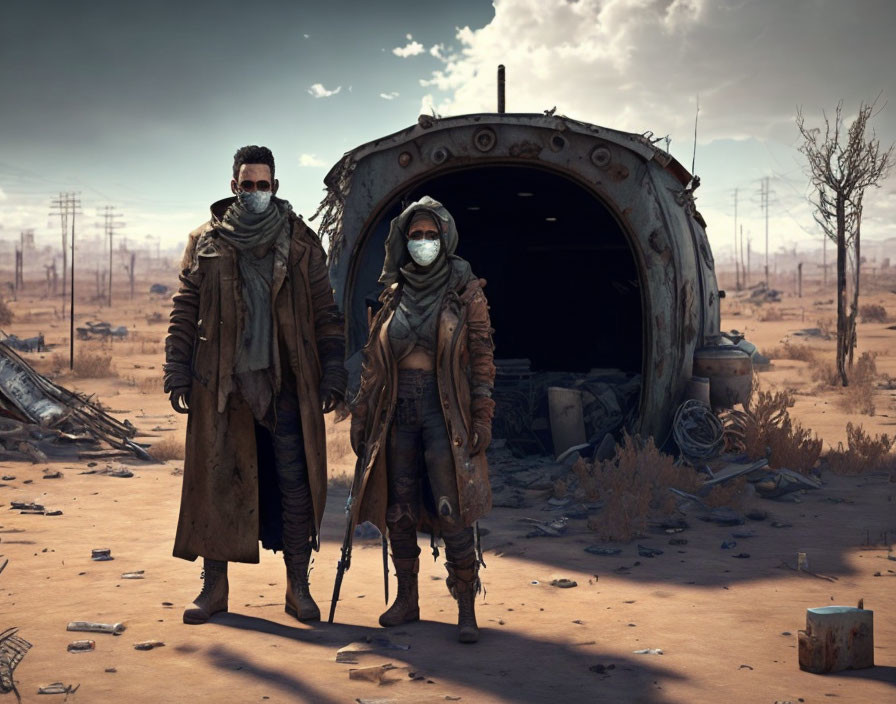 Post-apocalyptic duo near abandoned airplane in desert landscape