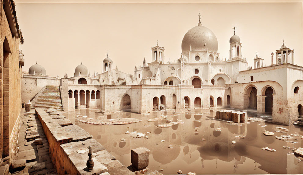 Sepia-Toned Photograph of Submerged Architectural Complex