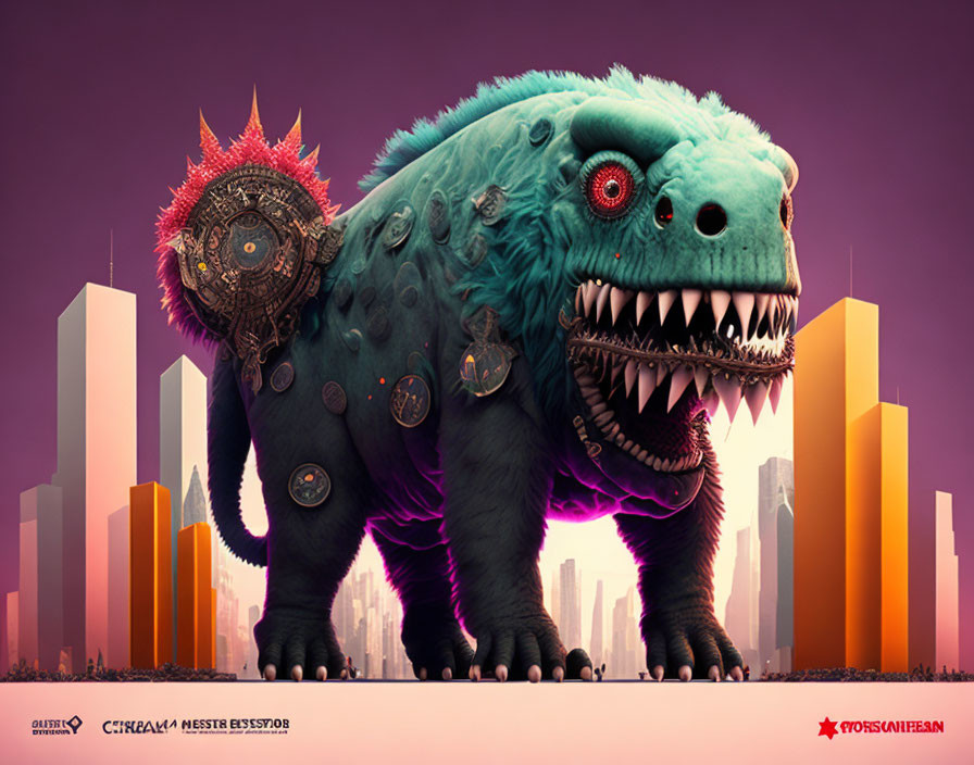 Colorful digital artwork: Stylized monstrous creature with multiple eyes and sharp teeth against pink skyscrap