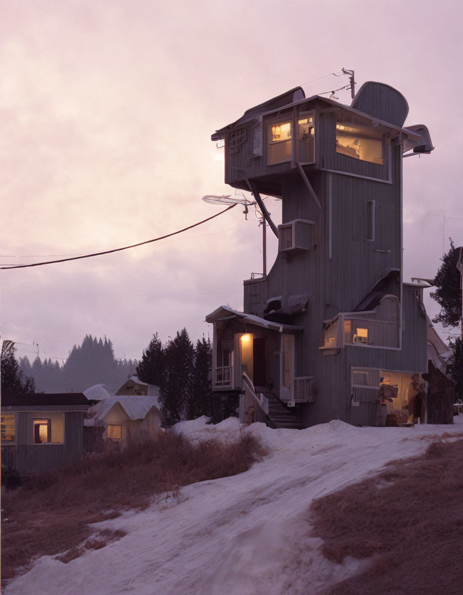 Multi-tiered house with tall tower in snowy landscape at dusk