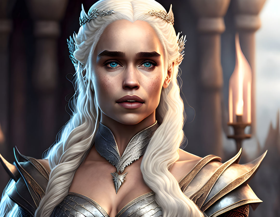 Fantasy queen digital portrait with silver hair, crown, blue eyes, and ornate armor.