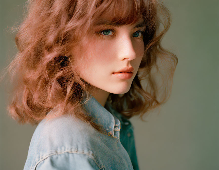 Portrait of a person with wavy brown hair, denim jacket, and blue eyes