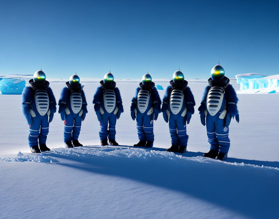 Six astronauts in bulky suits on snowy terrain under clear blue sky.