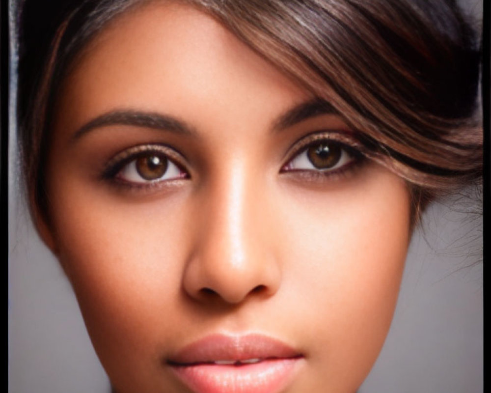 Close-up portrait of a woman with dark eyes and subtle makeup on neutral backdrop