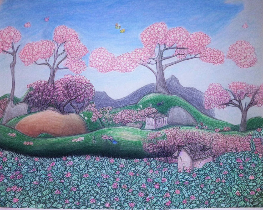 Serene landscape with pink trees, green hills, butterflies, and hidden house