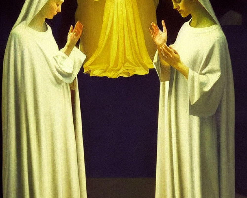 Religious Figures with Halos in Prayerful Poses on Dark Background