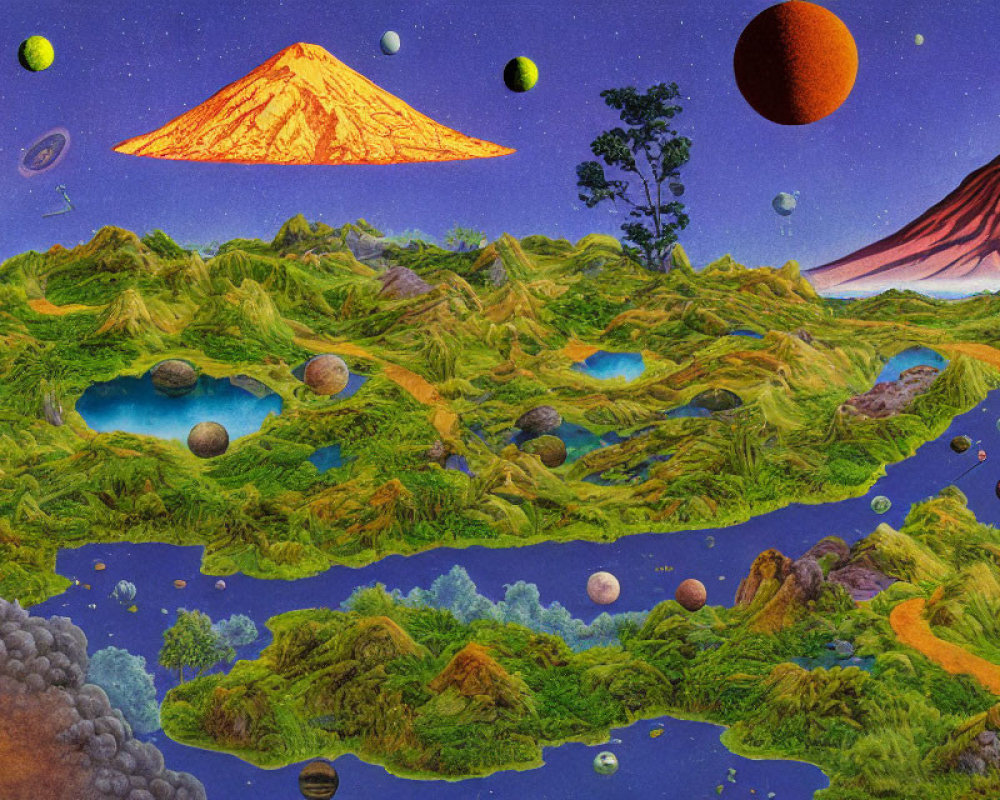 Fantastical landscape with volcanoes, lakes, and outer space sky