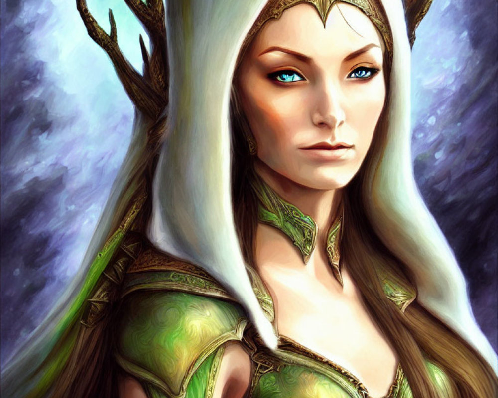 Elven queen with long white hair in green and gold armor