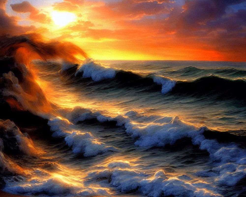 Vibrant sunset over tumultuous ocean waves and golden glow.