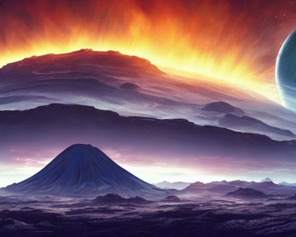 Sci-fi landscape with fiery sky, mountain, rocky terrain, and looming planet