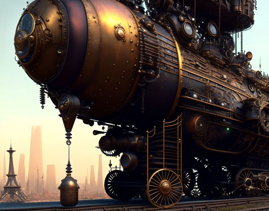 Steampunk-style locomotive with ornate metalwork against futuristic city skyline