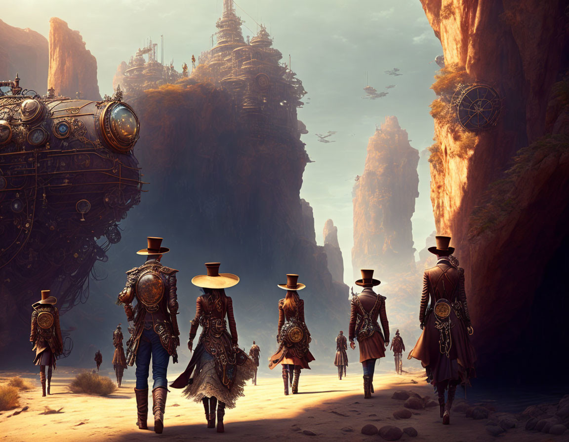 Five individuals in cowboy attire walking towards fantastical canyon with floating rocks and airships.