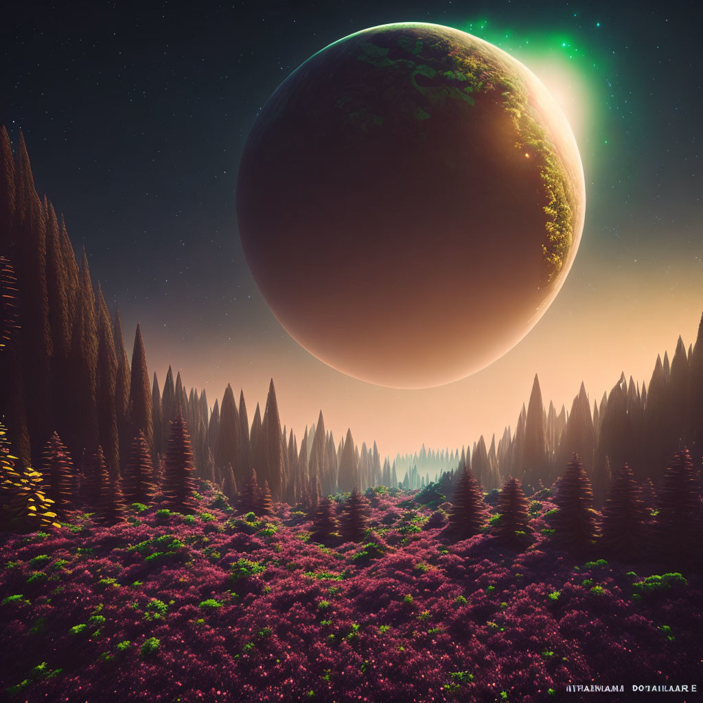 Vibrant surreal landscape with towering spiky trees and alien planet