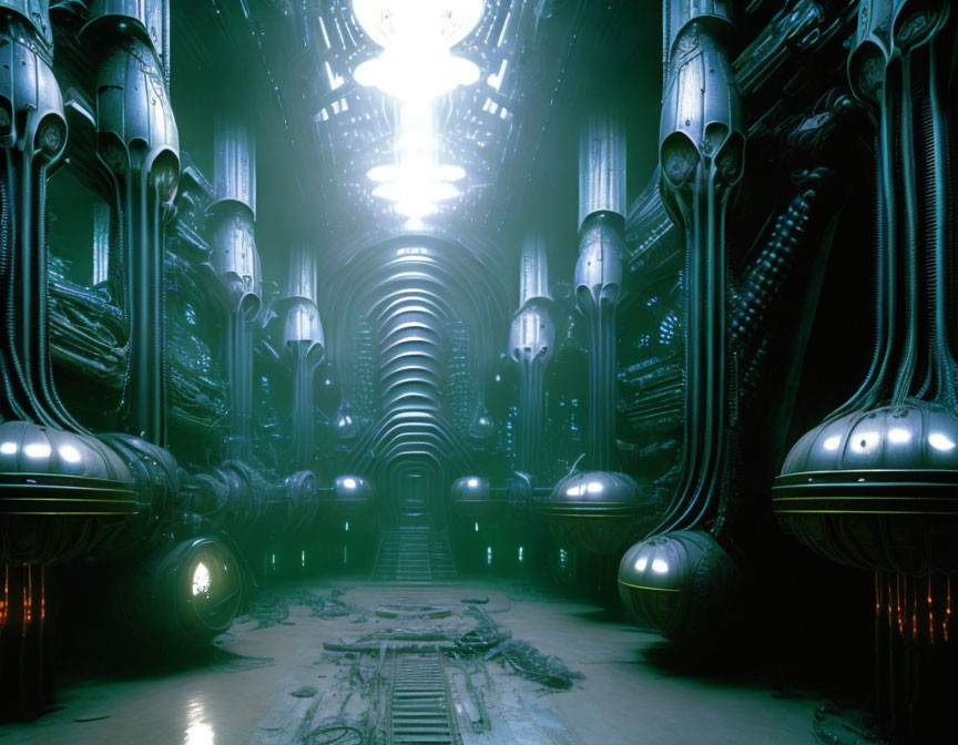 Futuristic sci-fi corridor with ribbed walls and spherical structures