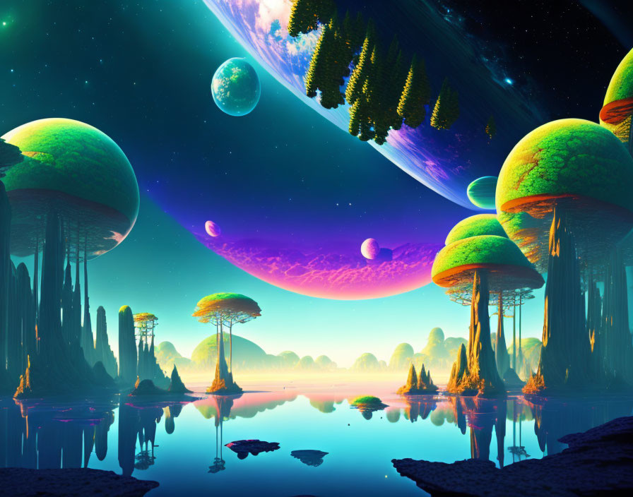 Fantastical sci-fi landscape with oversized mushroom-like trees and multiple moons