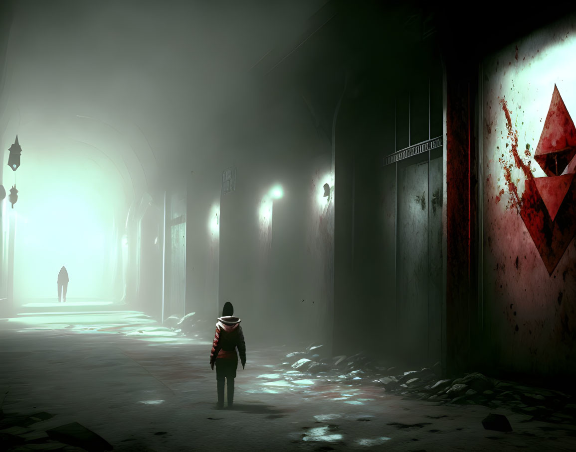 Person in red hoodie walking in foggy alley with red triangular symbol and lanterns.