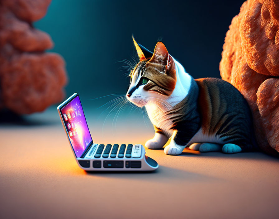 Cat beside miniature laptop with orange backdrop