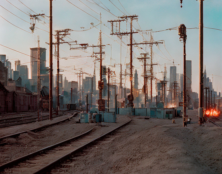 City train tracks at dusk under emerging night lights