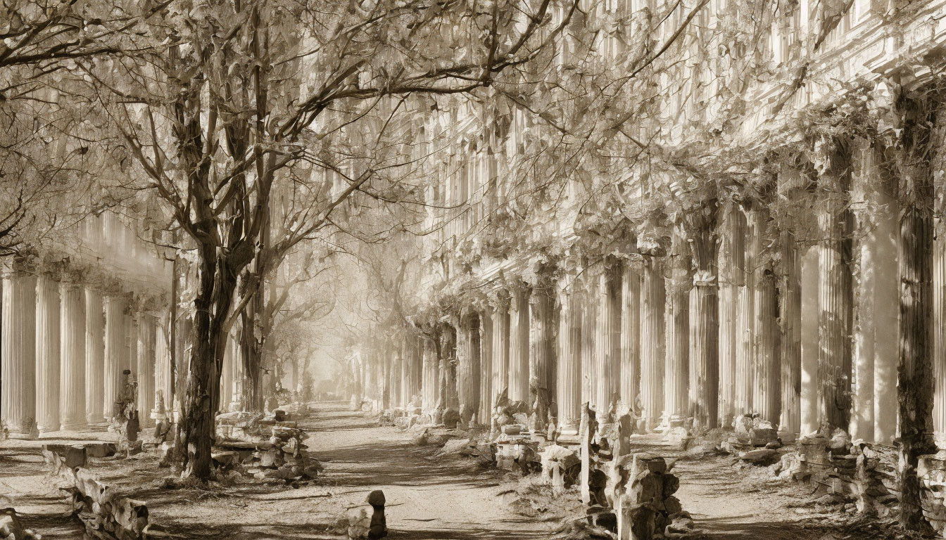 Sepia-Toned Image of Tree-Lined Walkway with Classical Columns