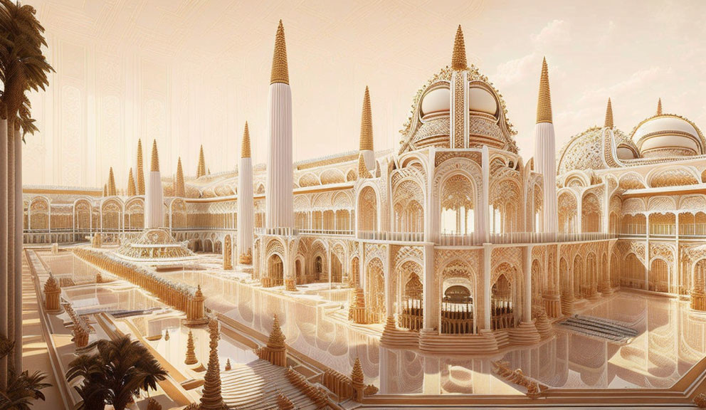 Ornate fantasy palace with high spires and reflective water channels