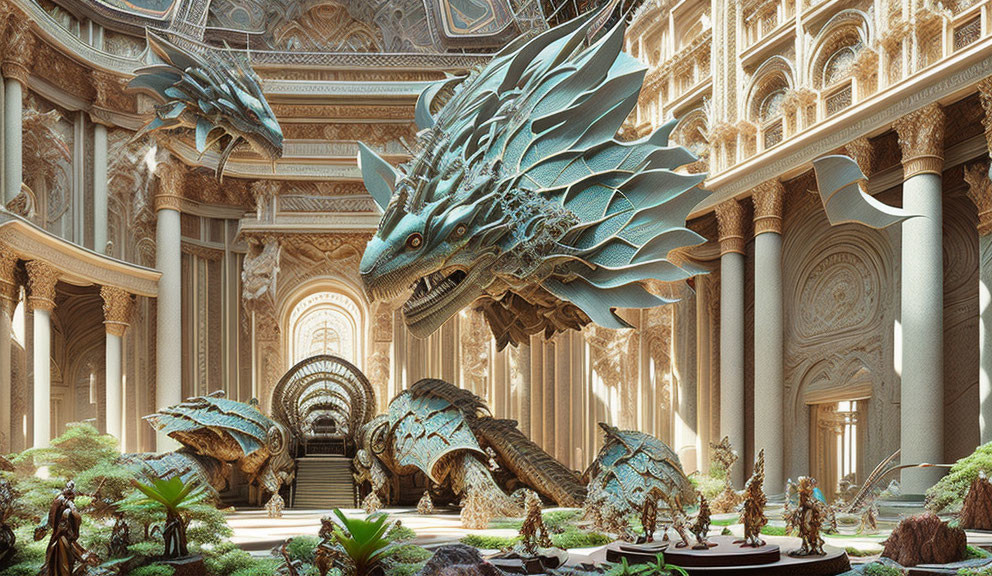 Majestic dragon in golden palace with lush surroundings