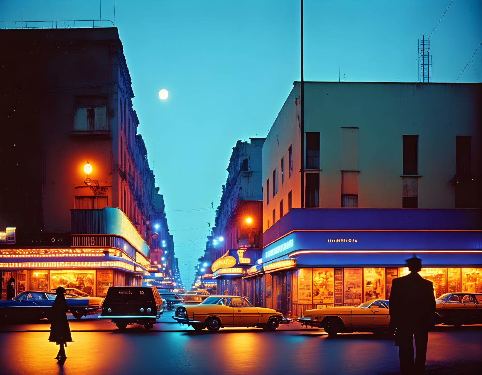 Vintage Street Scene: Classic Cars, Shopfronts, Pedestrians, Full Moon