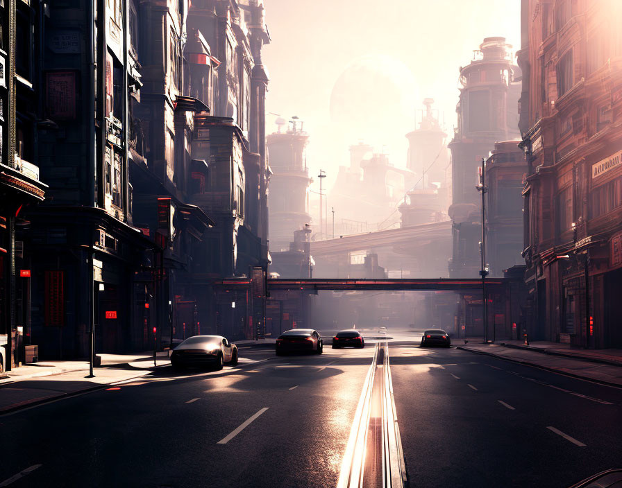 Futuristic sci-fi city street at sunset with glowing planet