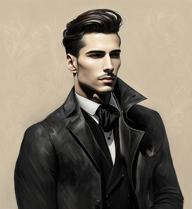 Stylish man in black suit with slicked-back hair and bow tie illustration