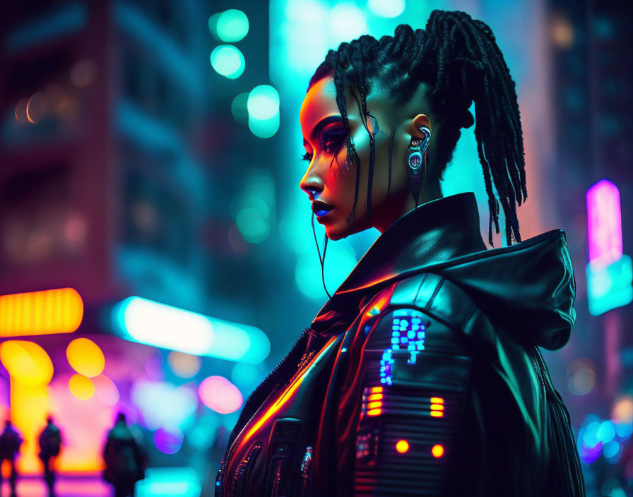 Braided hair woman in futuristic cityscape with LED jacket