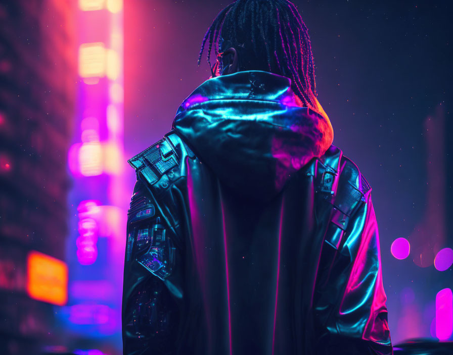 Futuristic neon-lit jacket in vibrant cityscape at night