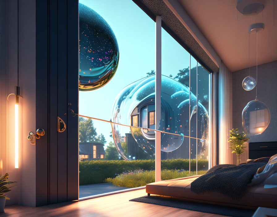 Contemporary room with large windows and glowing orbs at dusk