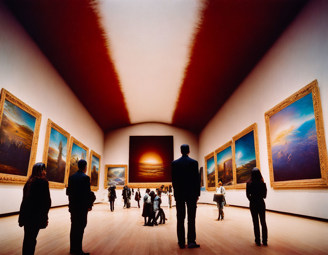 Spacious art gallery with large framed landscape paintings