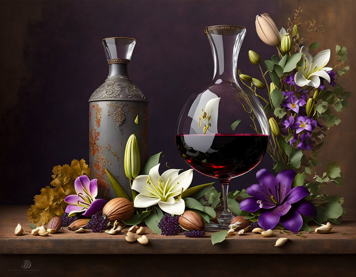 Still life with vase, wine decanter, flowers, nuts, and petals on wooden surface