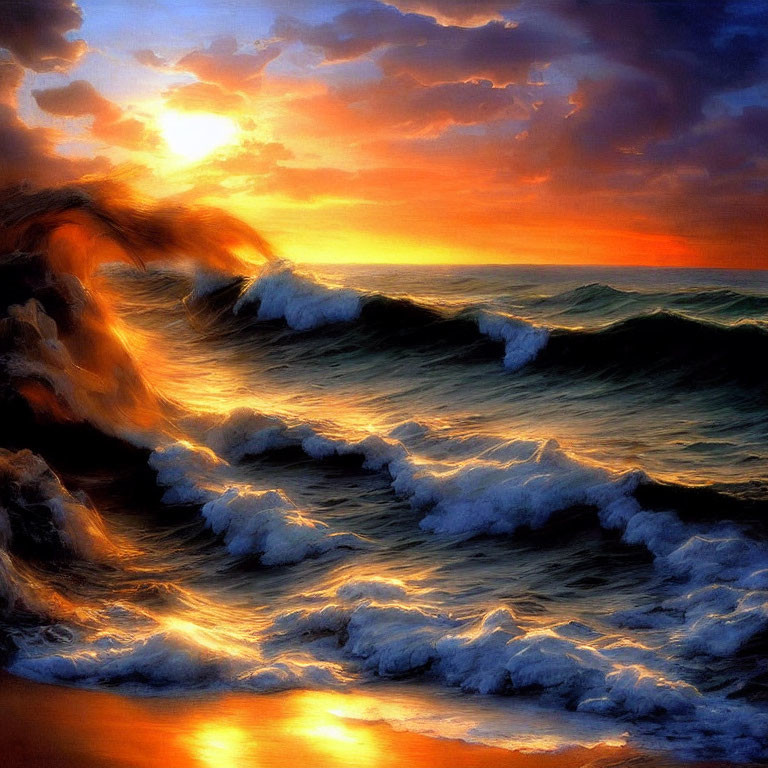 Vibrant sunset over tumultuous ocean waves and golden glow.