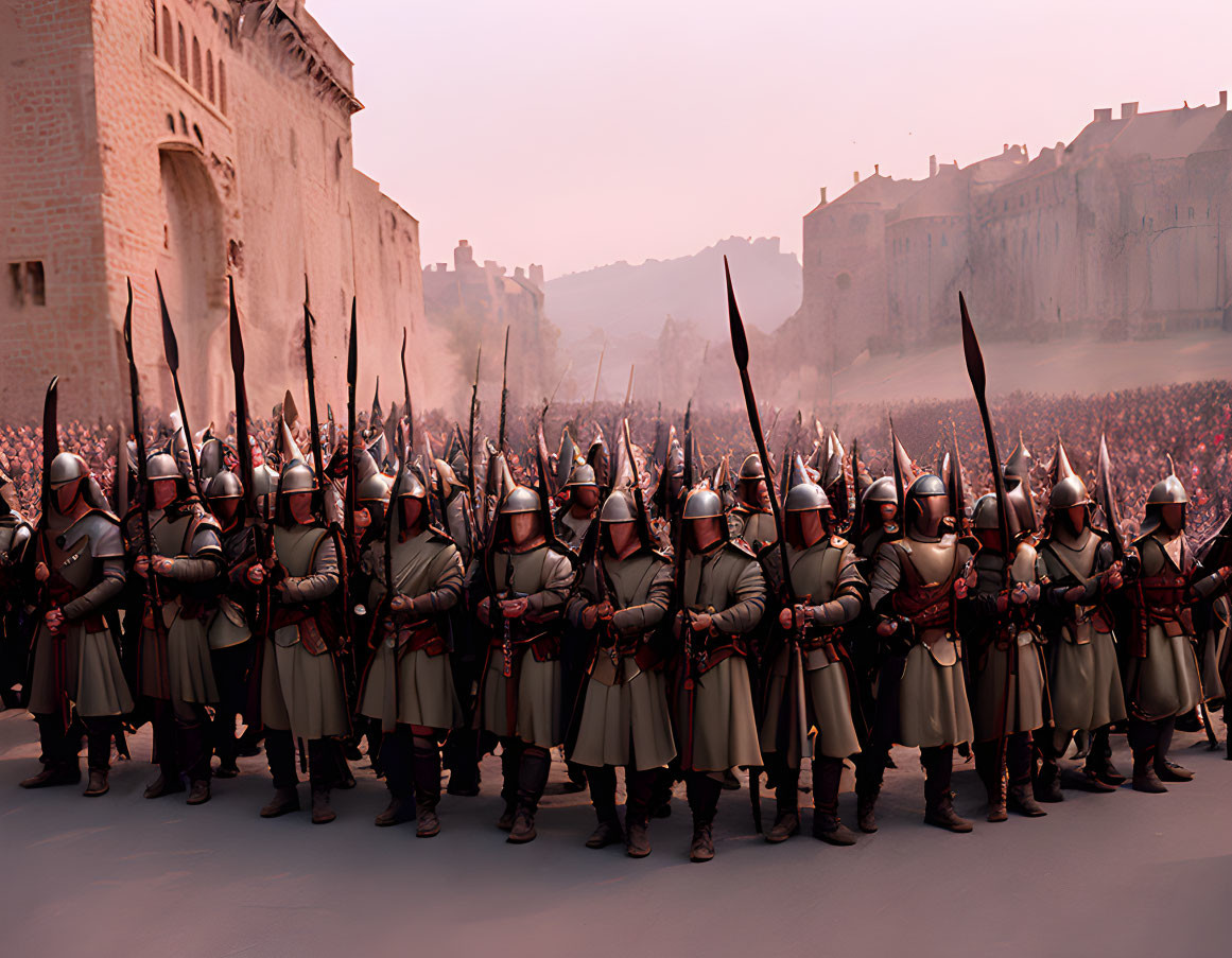 Medieval armored soldiers with spears in front of a castle