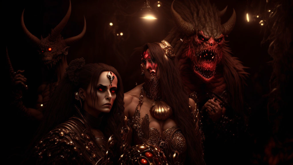 Three characters in dark, moody setting with face paint and horns.