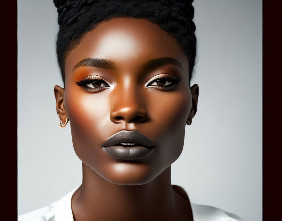 Portrait of woman with striking makeup and braided hair in white collar against neutral background