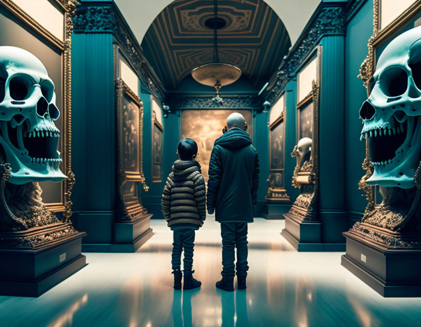 Adult and child view giant skulls in opulent museum hall