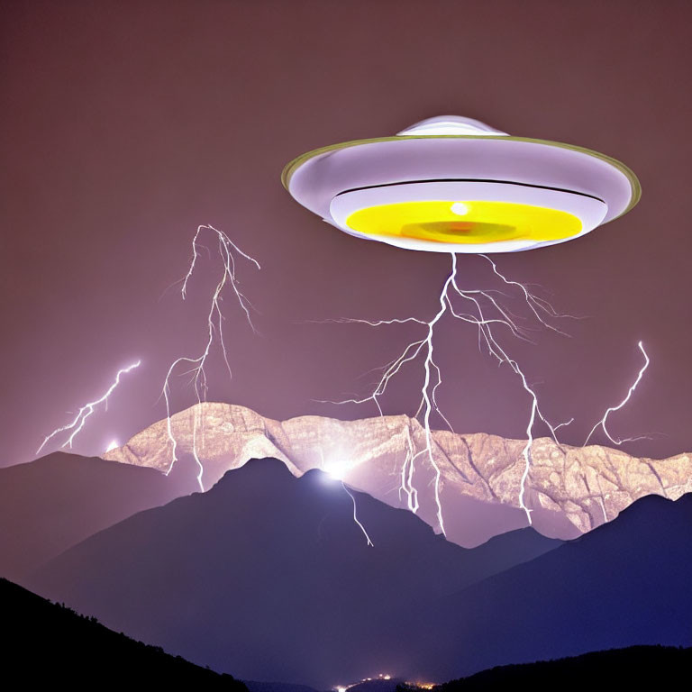 Unidentified Flying Object over Mountain Landscape with Lightning