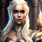 Fantasy queen digital portrait with silver hair, crown, blue eyes, and ornate armor.