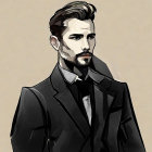 Stylish man in black suit with slicked-back hair and bow tie illustration