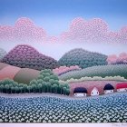 Serene landscape with pink trees, green hills, butterflies, and hidden house