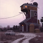 Multi-tiered house with tall tower in snowy landscape at dusk