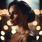 Elegant woman with bun hairstyle and earrings in soft bokeh lights