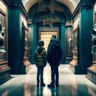 Adult and child view giant skulls in opulent museum hall