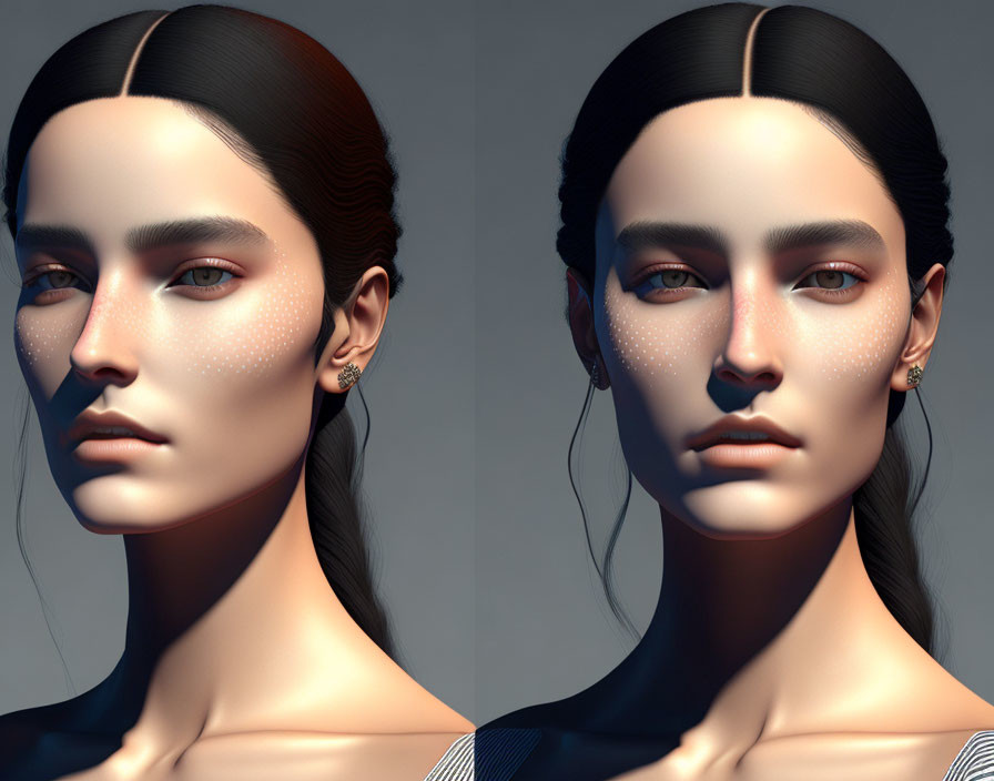 Symmetrical female face with freckles and sleek hairstyle in dual lighting.