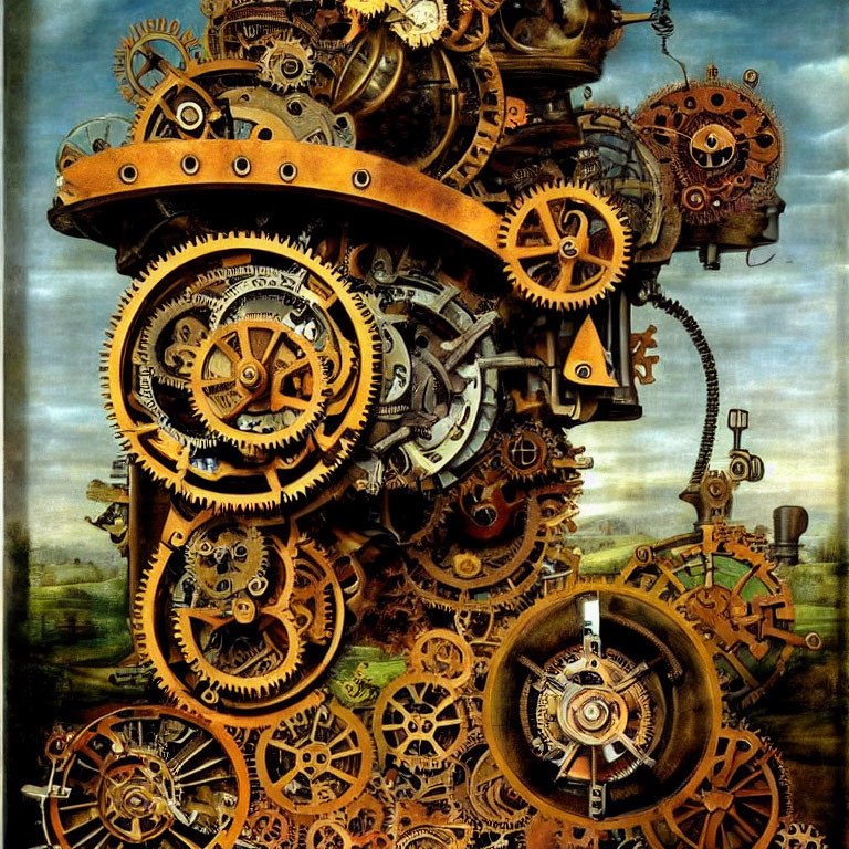 Intricate array of interlocking gears and cogs in surreal tower