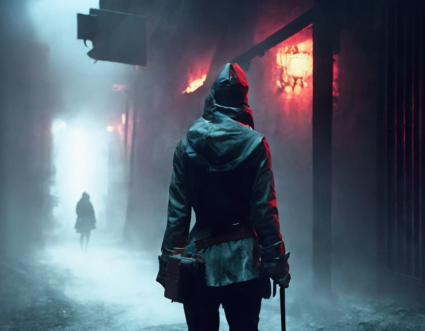 Hooded figure in alley with red lanterns and cane