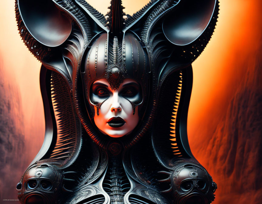 Elaborate dark costume with horn-like structures on orange backdrop